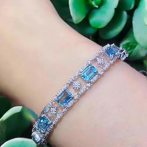 Emerald Cut Aquamarine Bracelet: Sterling Silver Vintage Style