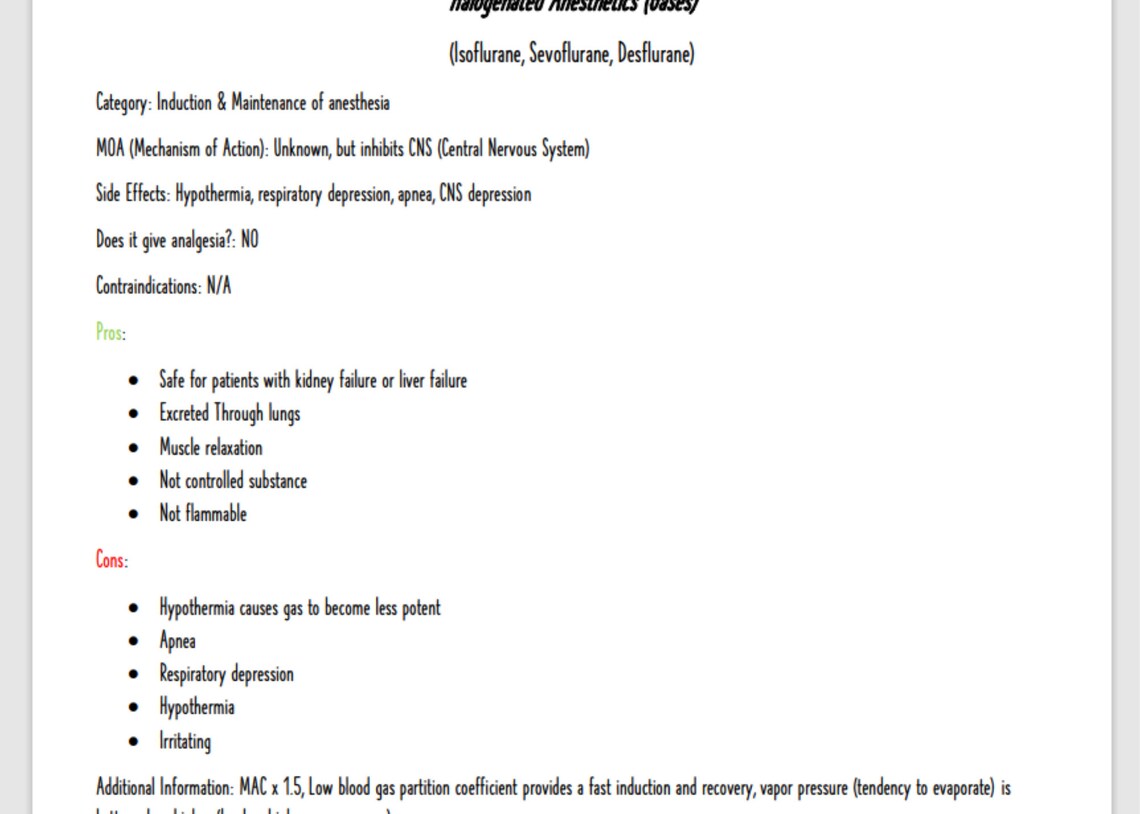 Surgery Anesthesia Cheat Sheets Premed, Inductions, and Maintaining Mechanism of Action