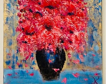 Pintura al óleo abstracta original sobre lienzo con textura de empasto y flores rojas, naturaleza muerta, flores en jarrón.