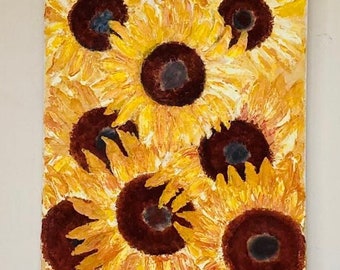 Pintura al óleo abstracta original sobre lienzo con textura empastada, impresionismo, girasoles, girasoles retro.