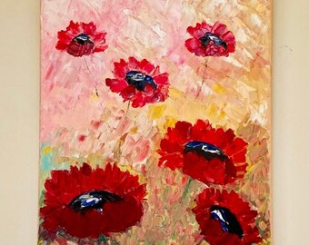 Pintura abstracta original al óleo sobre lienzo con textura empastada. Arte abstracto de amapolas. Arte impresionista.