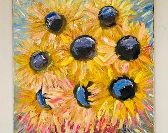 Pintura al óleo abstracta original sobre lienzo Impasto texturizado Impresionismo Girasoles Felicidad del girasol