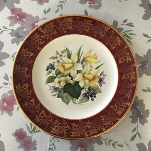 10&quot; Hanley Large Royal Falcon Ware Weatherby decorative plate Spring Flowers Gold Accents gold filigree deep red Rim c.1940s Limited Edition