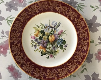 10" Large Hanley Royal Falcon Ware Weatherby decorative plate Spring Flowers Gold Accents gold filigree deep red Rim c.1940s Limited Edition