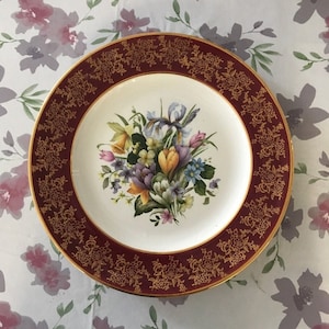 10&quot; Large Hanley Royal Falcon Ware Weatherby decorative plate Spring Flowers Gold Accents gold filigree deep red Rim c.1940s Limited Edition