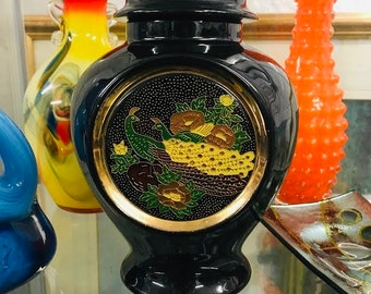 Cloisonné estampado, tarro con tapa negra, patrón grabado en oro y plata, tarro grande con tapa de cloisonné, hecho en Japón.