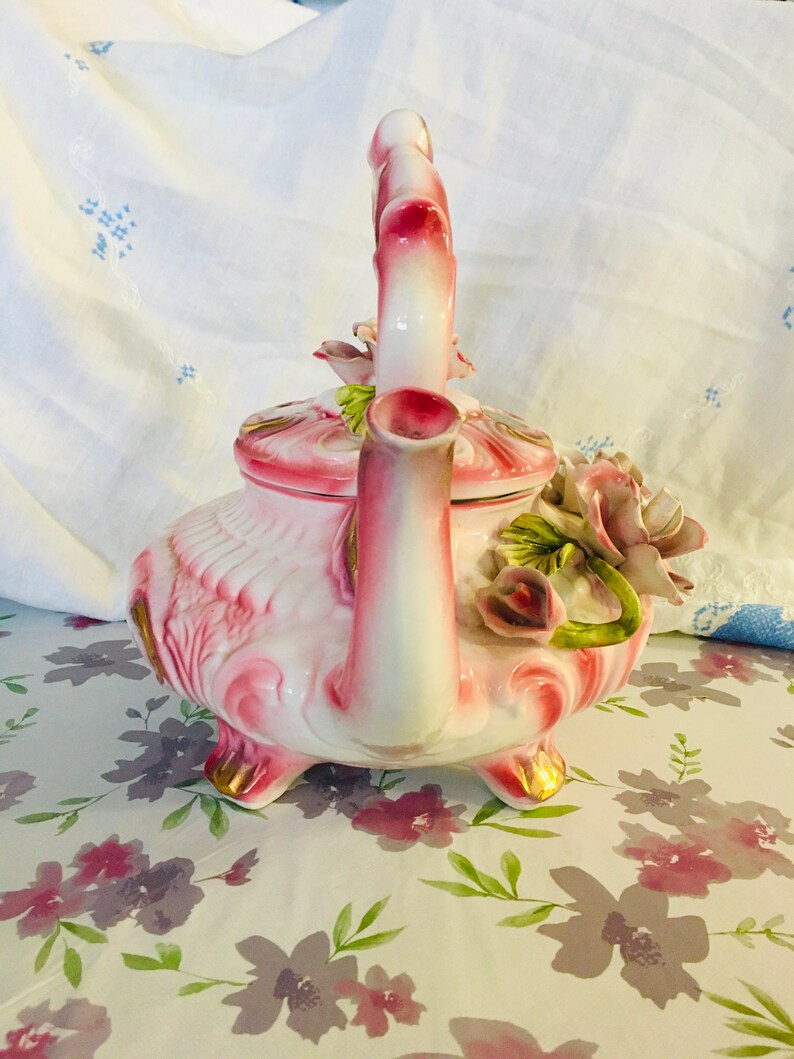 Capodimonte Teapot, Large Italian Pink Blush Floral Teapot Rare Vintage