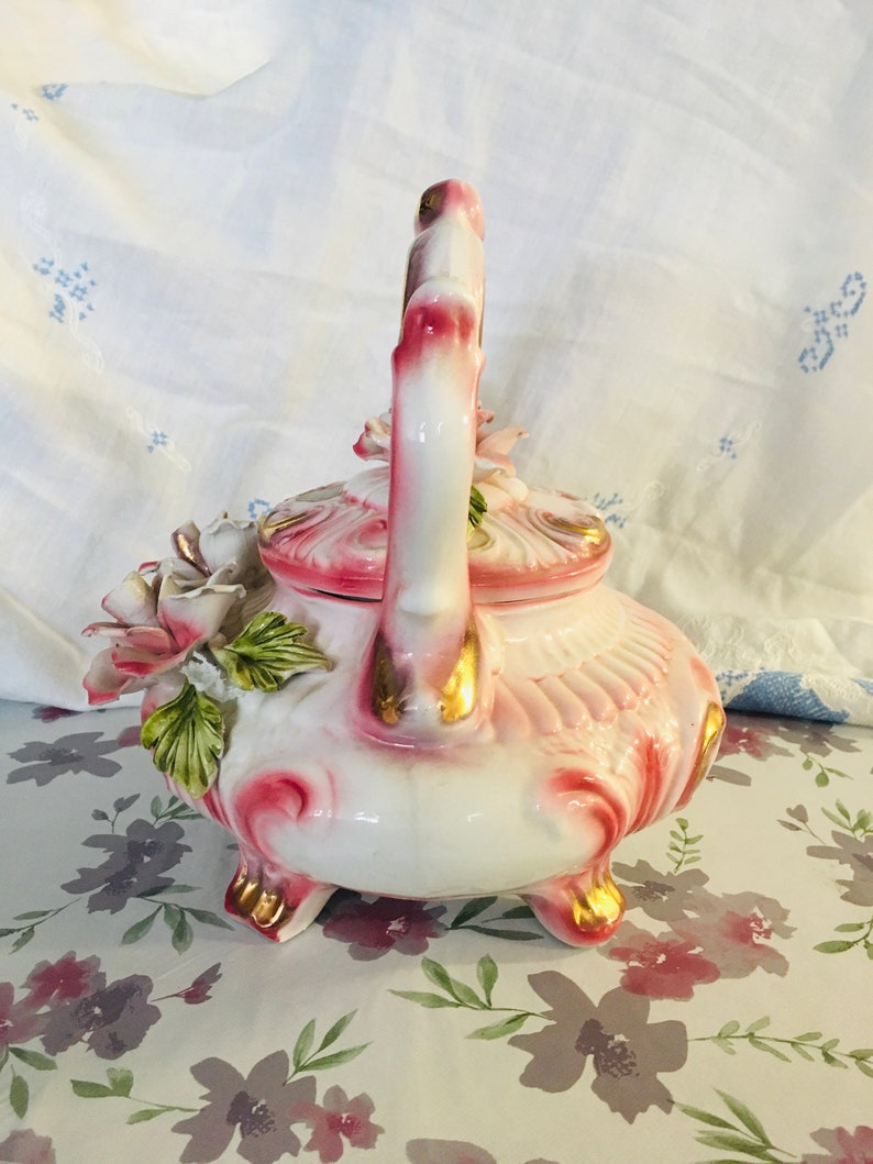 Capodimonte Teapot, Large Italian Pink Blush Floral Teapot Rare Vintage