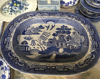 Antique Blue and White Pre Shelley, Blue Willow pattern Large Platter Serving Dish c.1856-1864