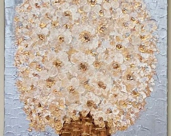 Pintura al óleo abstracta original sobre lienzo con textura de empasto y flores blancas y doradas de Nemesia
