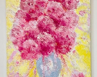 Pintura al óleo abstracta original sobre lienzo con peonías rosas esponjosas y textura empastada