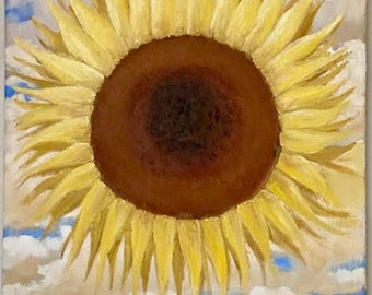 Pintura al óleo abstracta original sobre lienzo con textura de empasto, cielo de girasoles