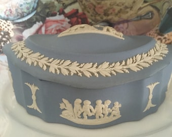 Wedgwood Jasperware Blue Jasperware with decorative Cherubs oval Lidded Trinket Jewellery Box Scalloped sides
