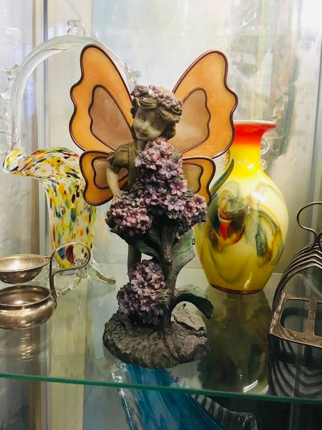 Mounted Fairy With Stained Glass Wings, Fairy With Candle Holder, Tiffany Style Fairy, Stained