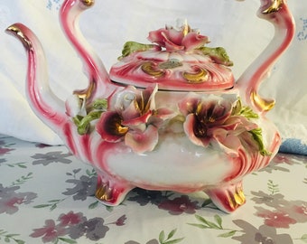 Tetera Capodimonte, gran tetera floral de rubor rosa italiano rara tetera vintage pintada a mano tetera art deco verde oro rosa certificada.