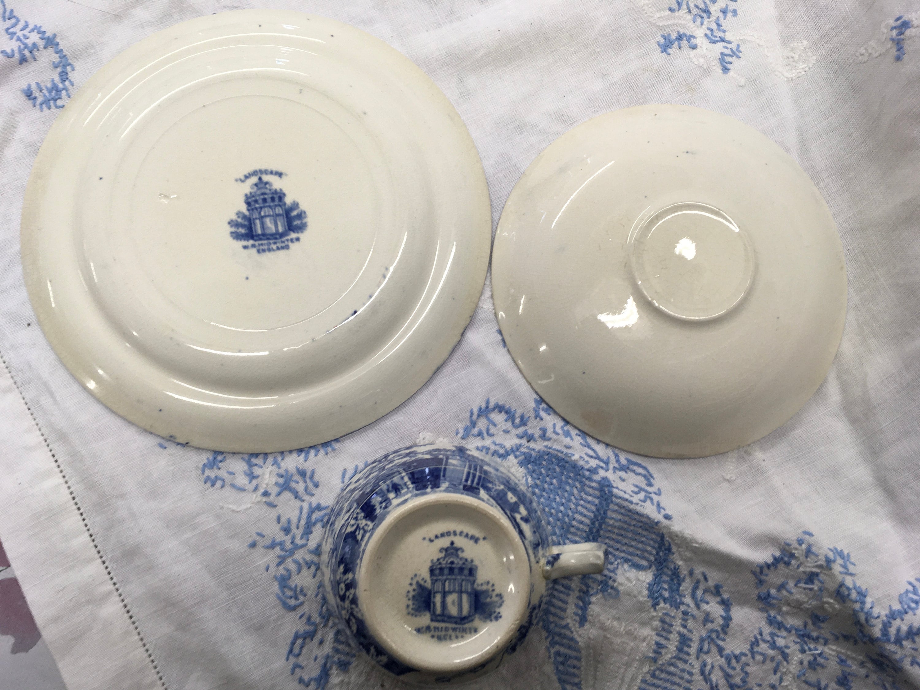 W R Midwinter 'landscape' Blue and White Teacup Trio Set Blue and