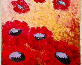 Pintura al óleo abstracta original sobre lienzo con textura empastada. Arte abstracto de amapolas.