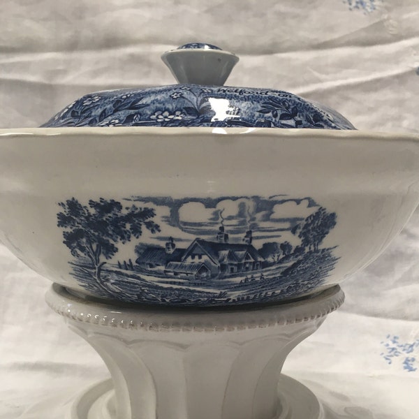 Blue and White Tureen by RIDGWAY STAFFORDSHIRE ENGLAND Country Cottage Scene Tableware  Genuine Hand engraving Ironstone Meadowsweet Stamped