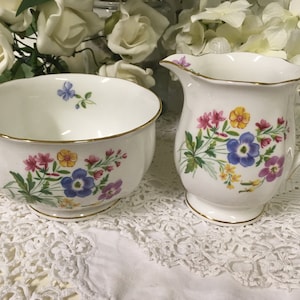 Royal Standard Country Lane, spring flowers handpainted footed Creamer and Sugar Bowl set c.1960s fine bone china c.1950s
