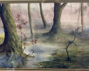 Pintura de bosque de acuarela enmarcada original firmada por Ian S Andrews. Número 84