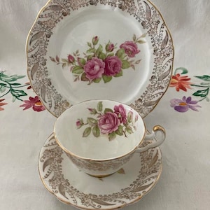 Imperial China 22k Gold Tea cup Saucer Cake plate. Imperial Fine Bone China Trio Set