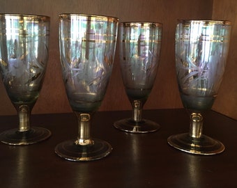 Copas de vino de tallo de oro antiguo, copas antiguas, cristalería antigua, copas de vino