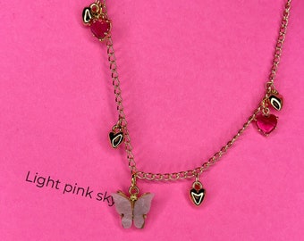 Lover inspired bracelet Pink butterfly gold colored heart charm jewelry magenta pink heart charms