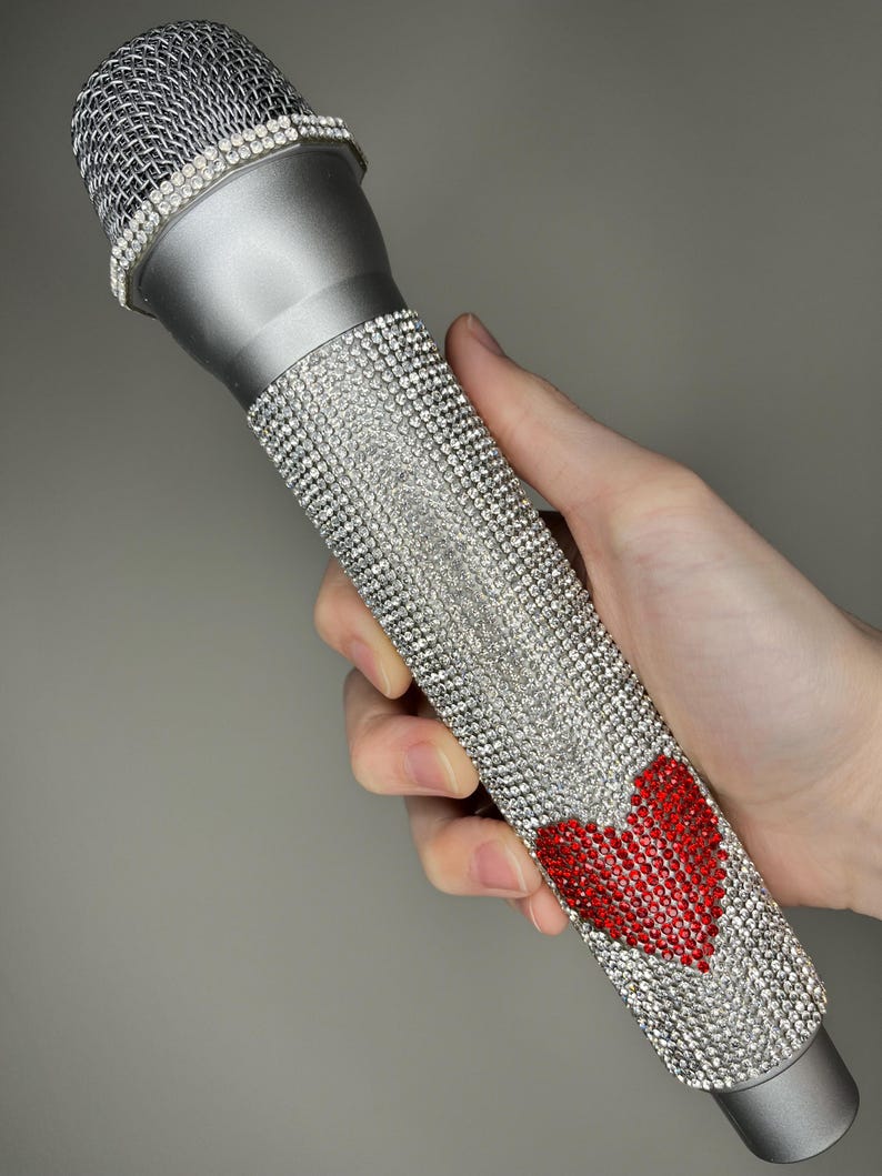Sabrina Prop Fake Microphone - emails i can't send, Short N Sweet, Man's Best Friend Tour Concert Accessory - Carpenter Heart Kiss Paw Mic Rhinestone Heart