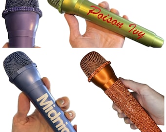Prop Microphones - Custom Text, Rhinestone Fake Mics - Concert/Festival Tour Cosplay Accessory for Costumes and Photos - Singer Popstar Toy