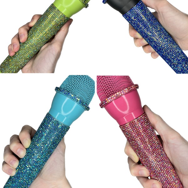 Iridescent Rhinestone Prop Microphones - Concert AB Holo Sparkle Fake Mic Cosplay Accessory Toy for Costumes, Photos - Music Singer Popstar