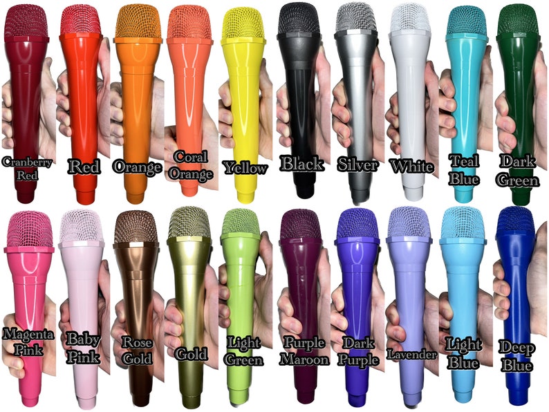 May include: Twenty different colored microphones, each with a black wire mesh grille. The microphones are arranged in two rows of ten, with each microphone labeled with its color.