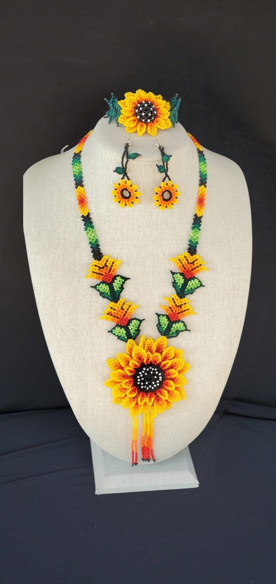 Traditional Sunflower Huichol Beaded Necklace Set