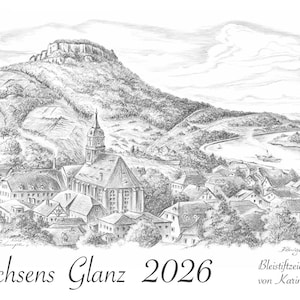 Artist Art Calendar Saxony&#39;s Splendor 2026 by Karin Kempe Pencil drawings 30 x 22 cm landscape
