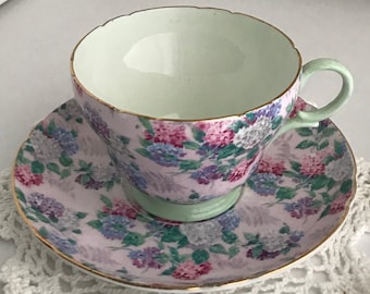 Vintage SHELLEY Pink SUMMER GLORY Chintz Henley Shape Tea Cup & Saucer England Gold Edging