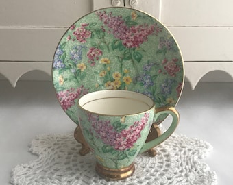 Vintage Art Deco EMPIRE LILAC TIME Chintz Demi Tasse After Dinner Coffee Cup & Saucer Gold Gilt Trim England