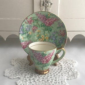 EMPIRE Chintz LILAC TIME Vintage Art Deco Demi Tasse After Dinner Coffee Cup & Saucer Gold Gilt Trim England
