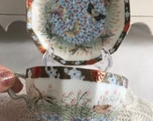 Rare Antique TASHIRO Japanese SATSUMA Hand Painted Kutani Eggshell Porcelain Cup Saucer BUTTERFLY Grasshopper Dragonfly Dotted Enamel Beads