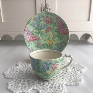 Vintage Art Deco EMPIRE LILAC TIME Chintz Demi Tasse After Dinner Coffee Cup & Saucer Elegant w Green Trim England Exceptional Perfect