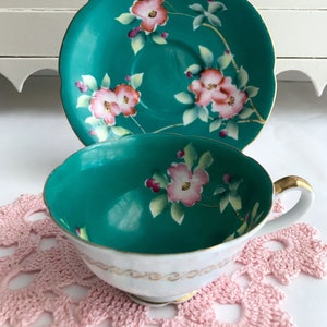 Vintage JAPAN Hand Painted GREEN with PINK Flowers and Gold Gilding Tea Cup & Saucer