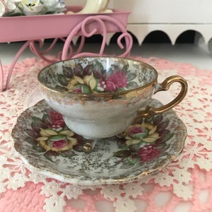 Vintage JAPAN Iridescent  Luster Opalescent ROSES Fancy Gold Gilt DEMI Tea Cup & Saucer on 3 Feet