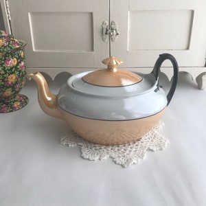 CZECH Teapot ART DECO Phoenix China Vintage 1920&#39;s Orange & White Pearl Lusterware Black Trim Perfect!