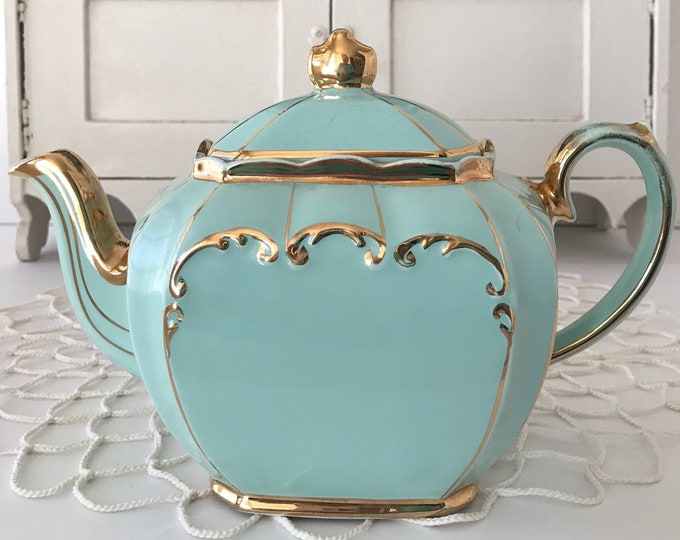 Vintage SADLER 1922 Cube Teapot MINT GREEN Gold Gilt Made in England Etsy