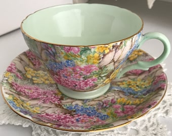 Vintage SHELLEY ROCK GARDEN Chintz Henley Shape Tea Cup & Saucer England Gold Edging