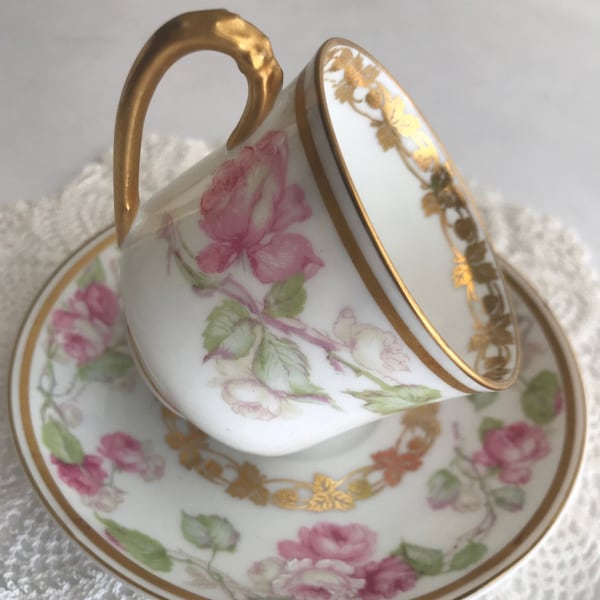 Antique HAVILAND FRANCE Pink White ROSES 1910's Demi Tasse Cup & Saucer Gold Gilt J F Caldwell Co