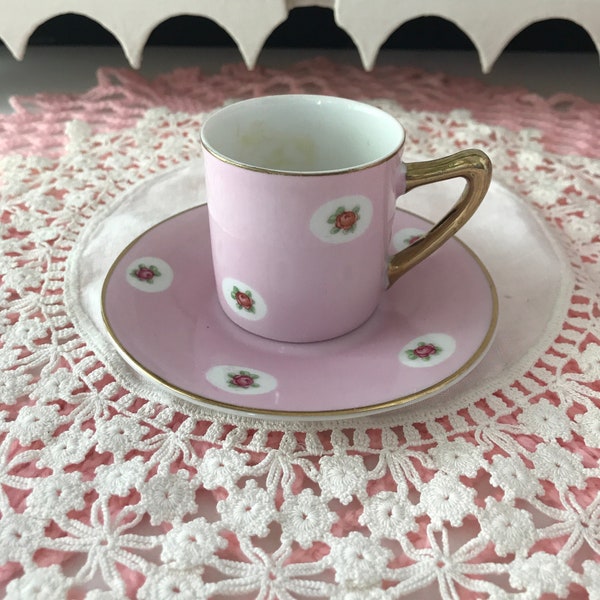 Vintage PINK ROSES Demi Tasse Demitasse Chocolate Espresso Tea Cup & Saucer PRETTY!