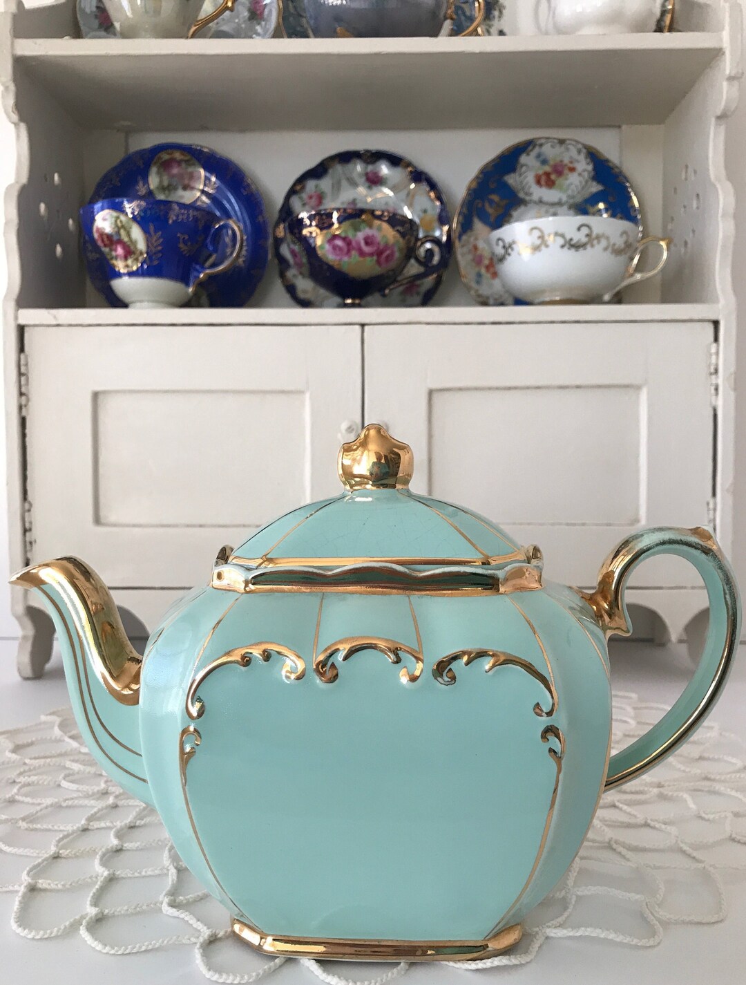 Vintage SADLER 1922 Cube Teapot MINT GREEN Gold Gilt Made in England Etsy