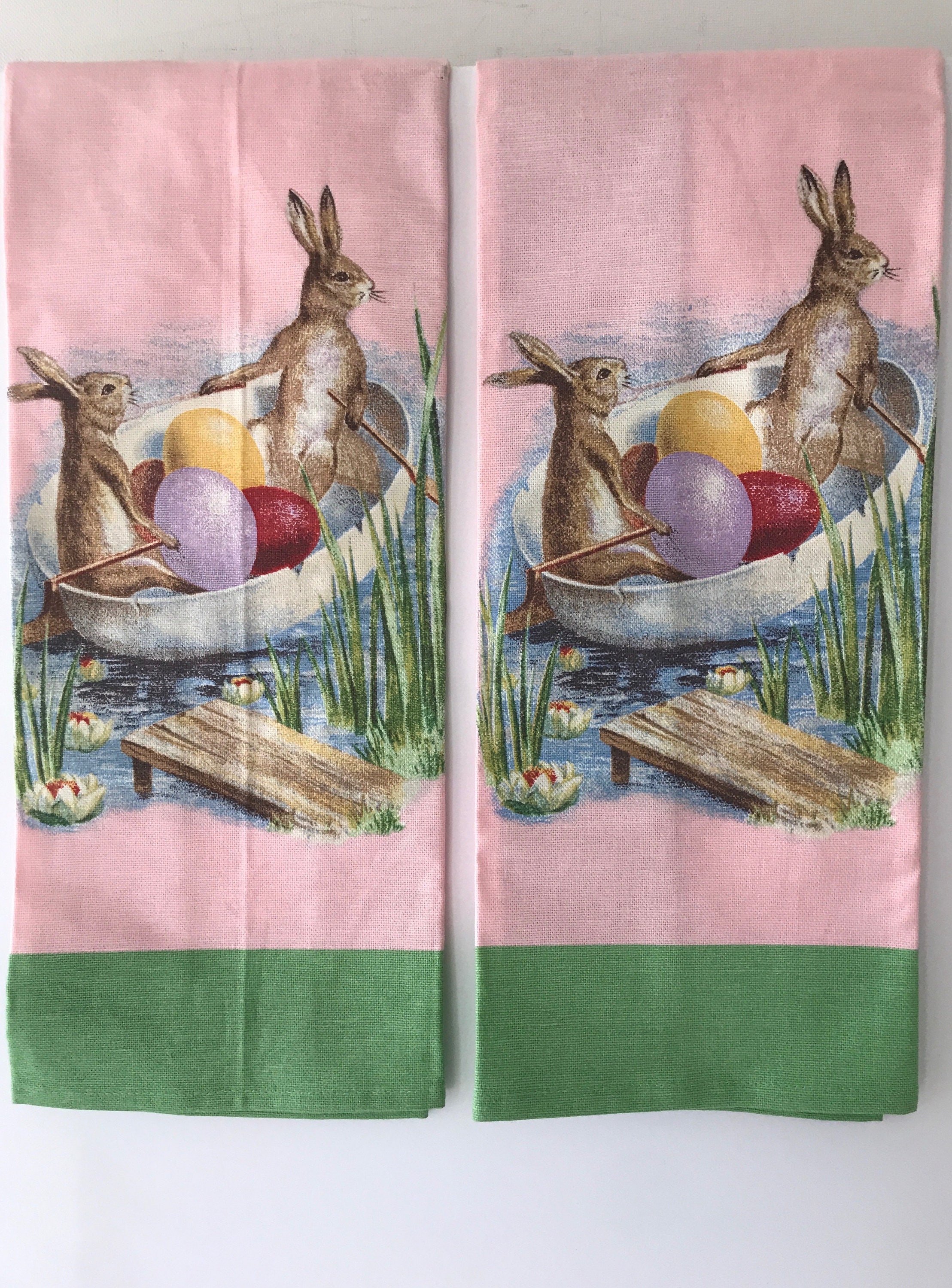 Williams Sonoma cotton kitchen dish tea towels, vintage style Easter bunny,  pink green plaid