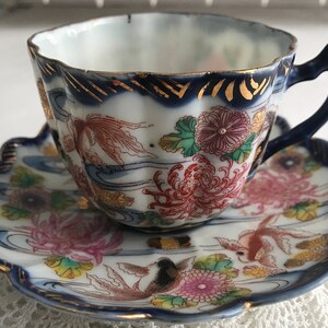 Antique Japanese IMARI Porcelain Cup Saucer Hand Painted Enameled Gold Gilt Cobalt Signed GOLDFISH Koi Carp