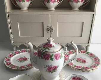 Vintage Queen Ann LADY ALEXANDER ROSE Tea Set 6 Dessert Plates 3 Cups 3 Saucers Creamer Sugar & 3 cup as-is Coffee Chocolate Tea Pot England