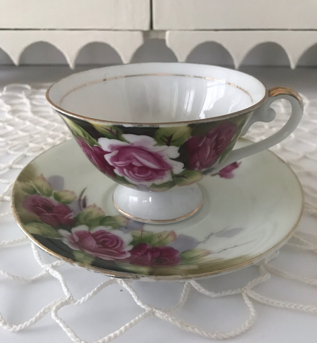 Vintage Shafford Japan Tea Cup & Saucer PINK and RED ROSES Hand Painted